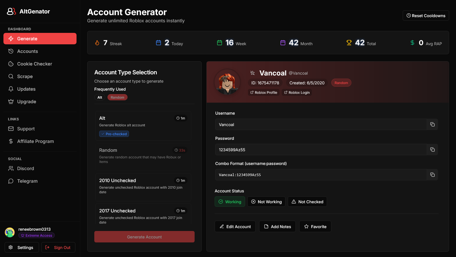 AltGenator Dashboard - Generate unlimited Roblox accounts